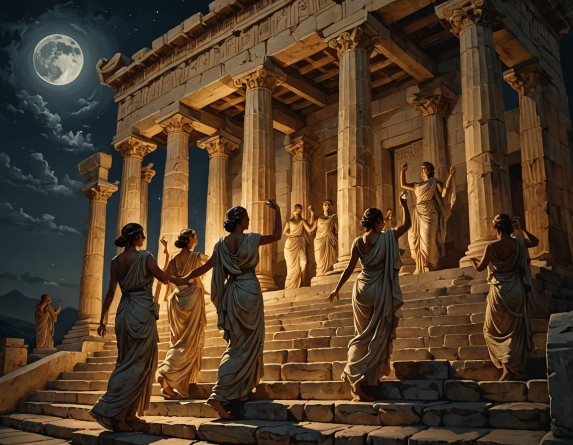 Moonlit Dance at Ancient Greek Temple: Oil Painting