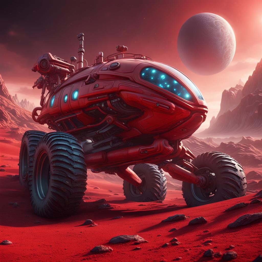 Red Spaceship Races Tractor on Alien Planet