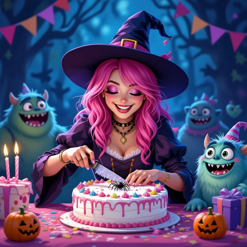 Pink Haired Witch Cuts Spiderweb Cake at Monster Party