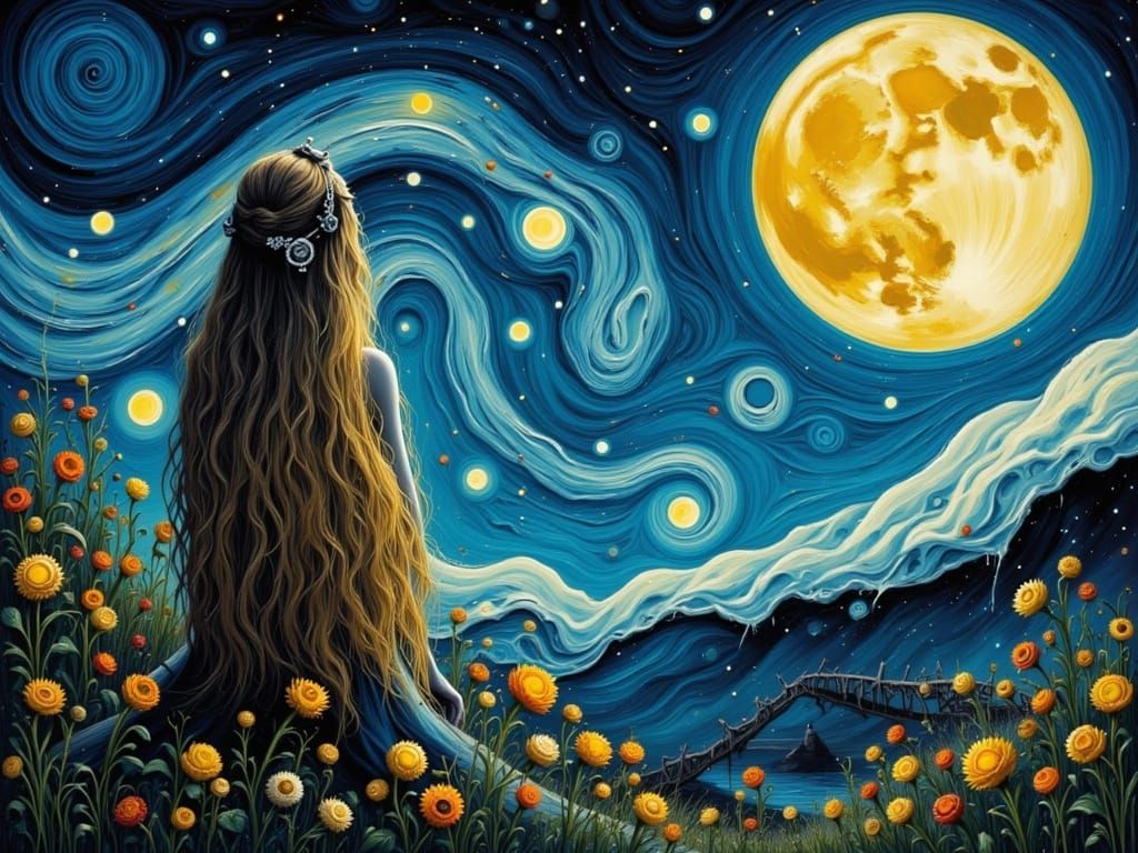 Blonde Woman Gazing at Moon in Dark Whimsical Style