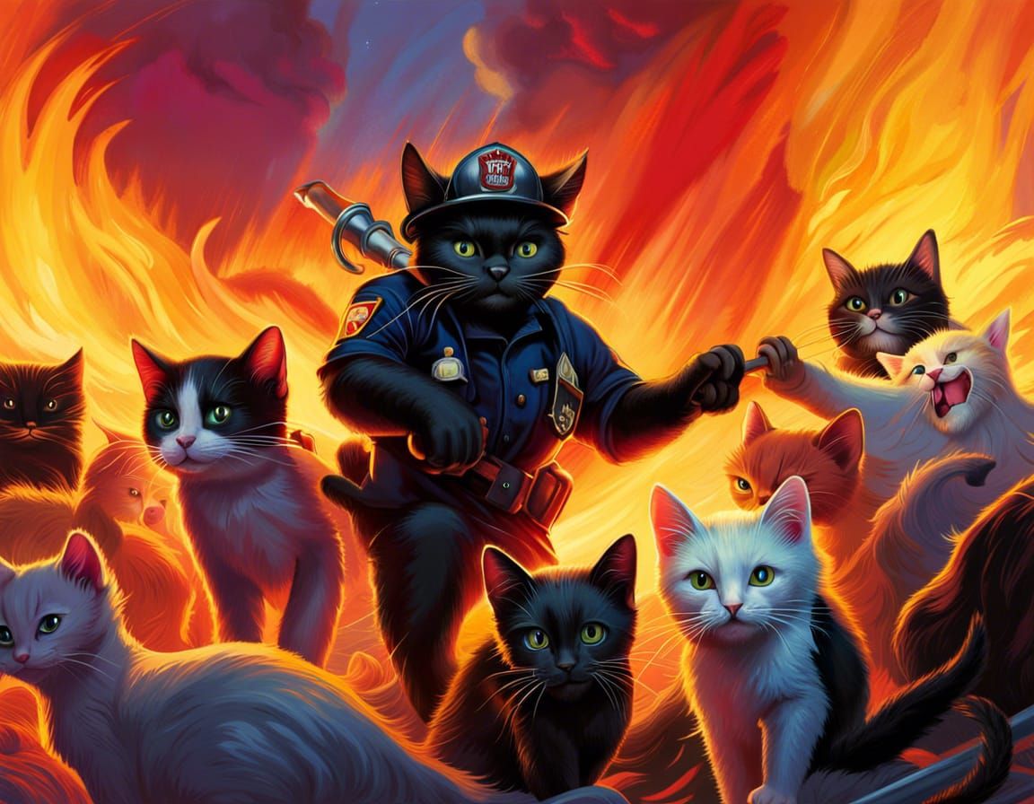 Black Cat Firefighter Rescues Kittens: Hyperrealistic Splash...