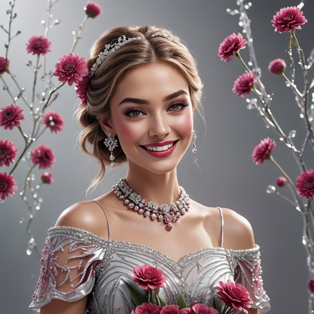 Happy Girl in Raspberry Dress, Hyperrealistic Digital Art