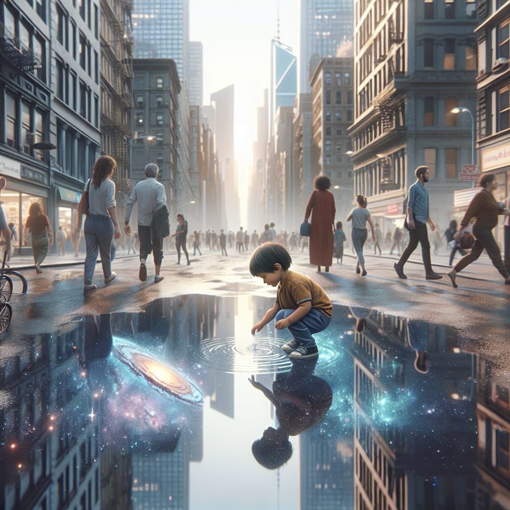 Boy Plays in Puddle Reflecting Star System