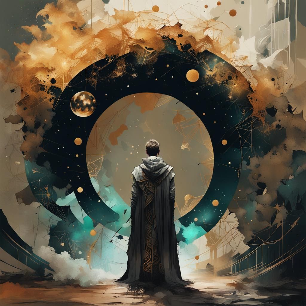 Surreal Portrait with Geometric Constellations in a Golden F...