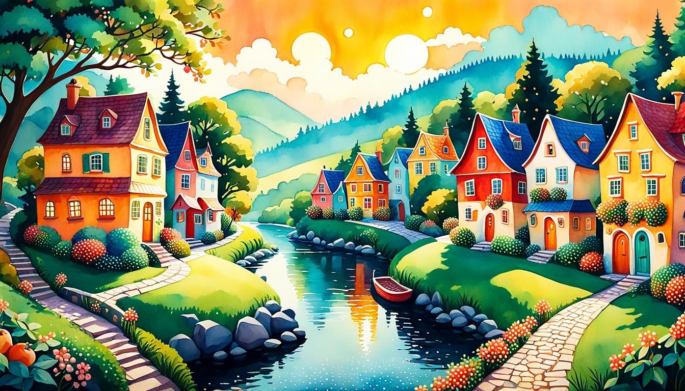 Whimsical Fairy Tale Village in Watercolor Style