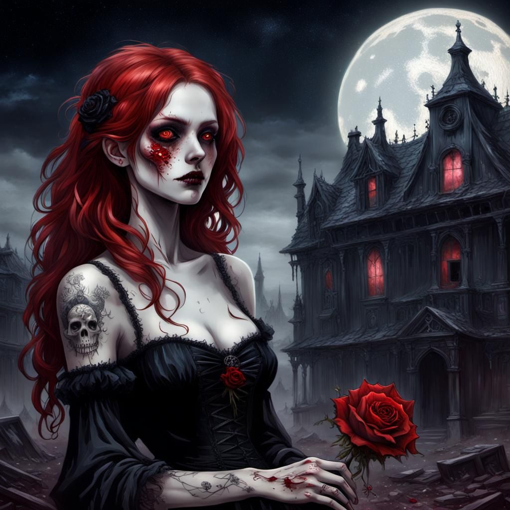 Gothic Horror: Girl with Rose in Starry Scene