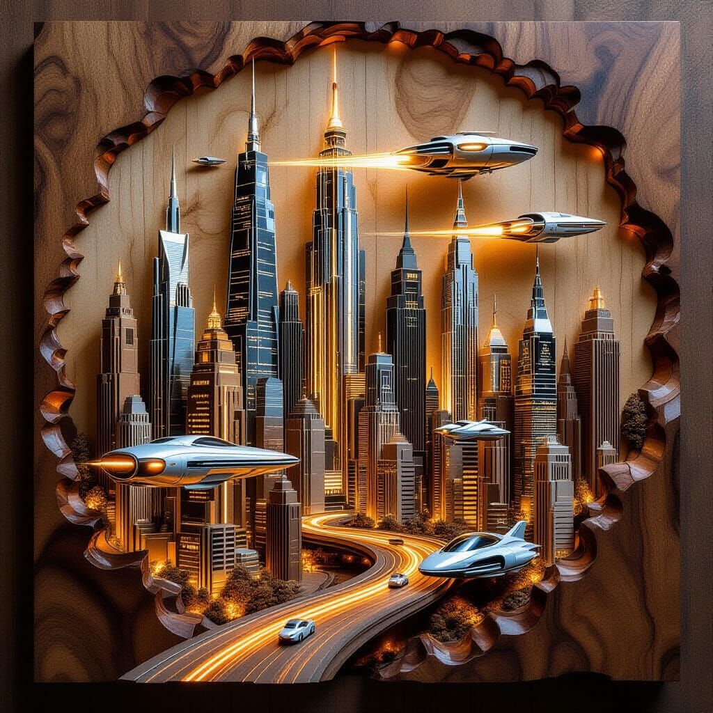 Futuristic Cityscape Carved from Wood with Neon Lights