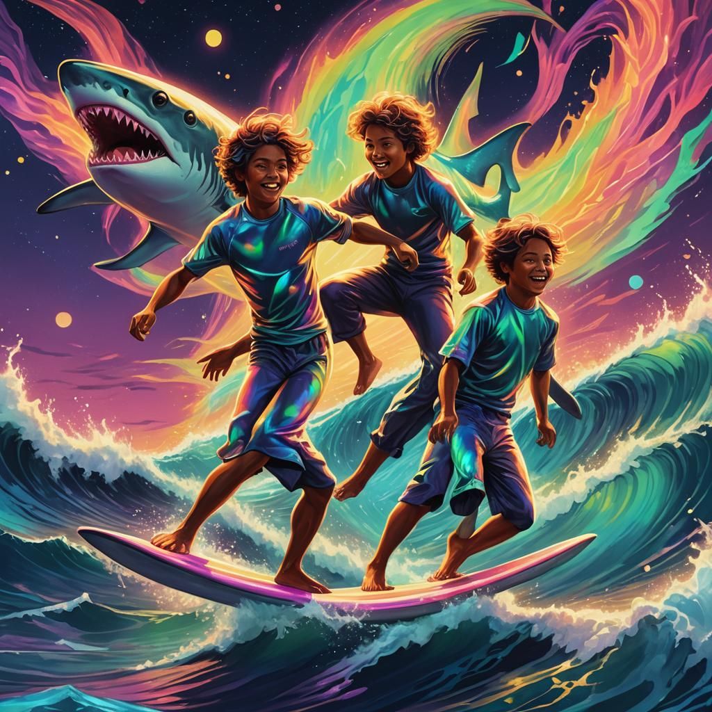 Cosmic Surfing: Surreal Boys Ride a Shark