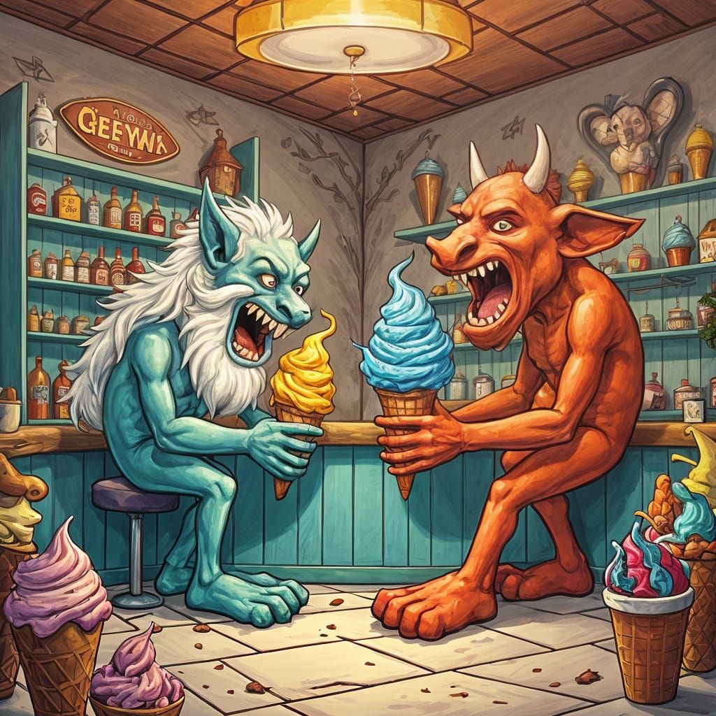God and Devil's Icy Battle in Ice Cream Shop