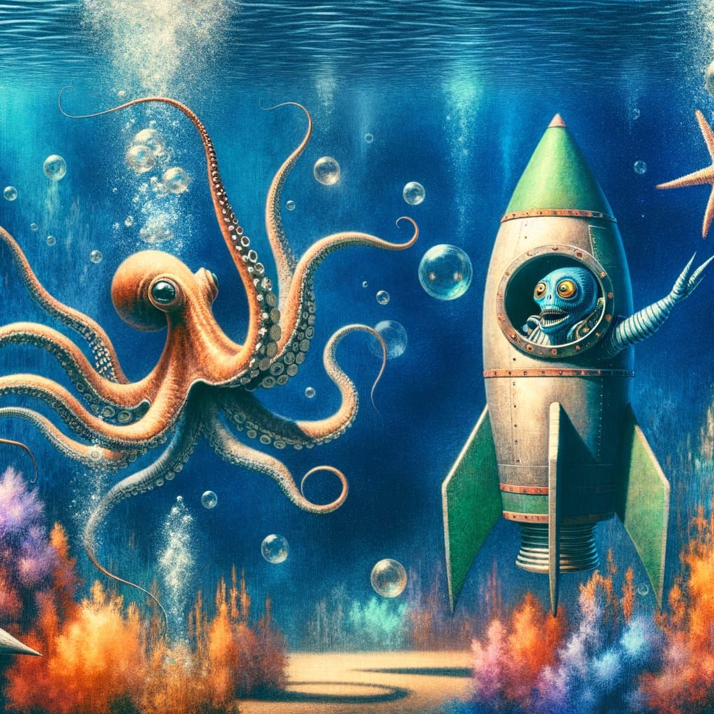 Underwater Rocket Habitat with Alien and Octopus
