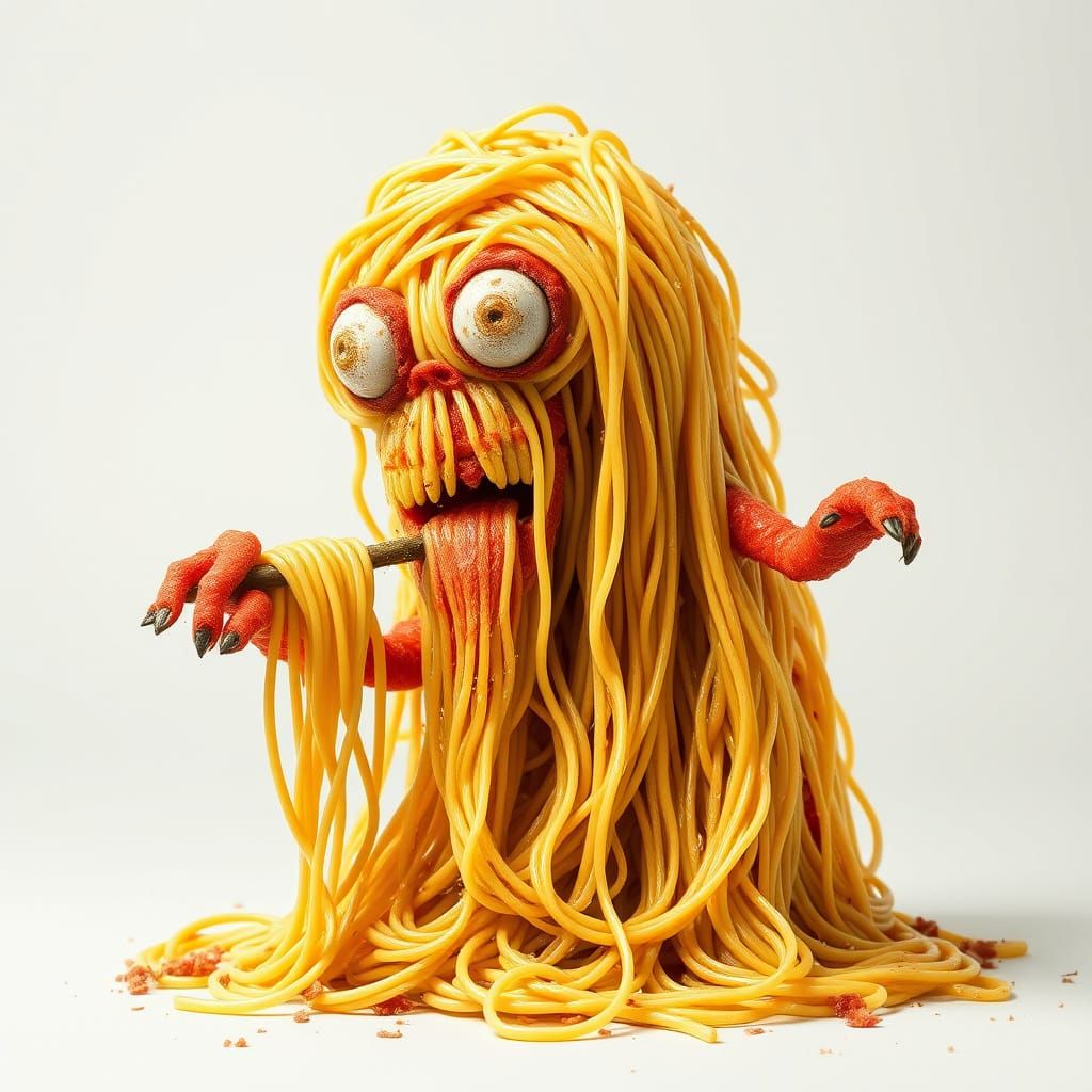 a spaghetti monster made of spaghetti eating itself