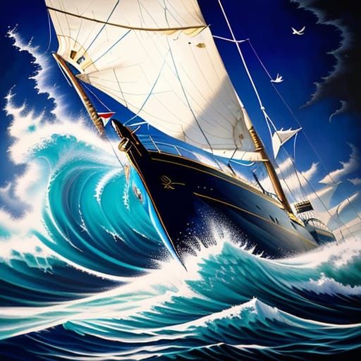 Sailor Battles Turbulent Waves in Vibrant Oil Painting