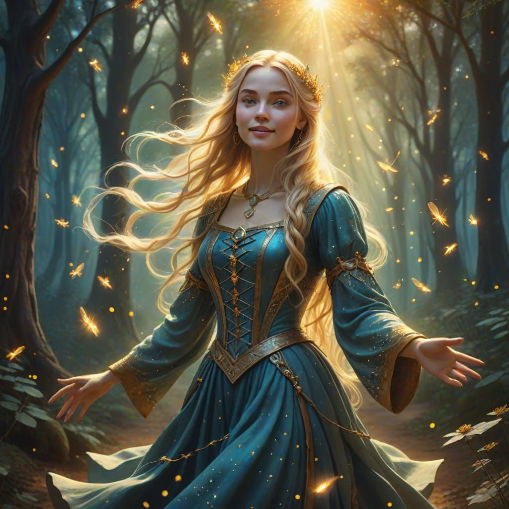 Whimsical Medieval Village Girl Dancing in the Woods