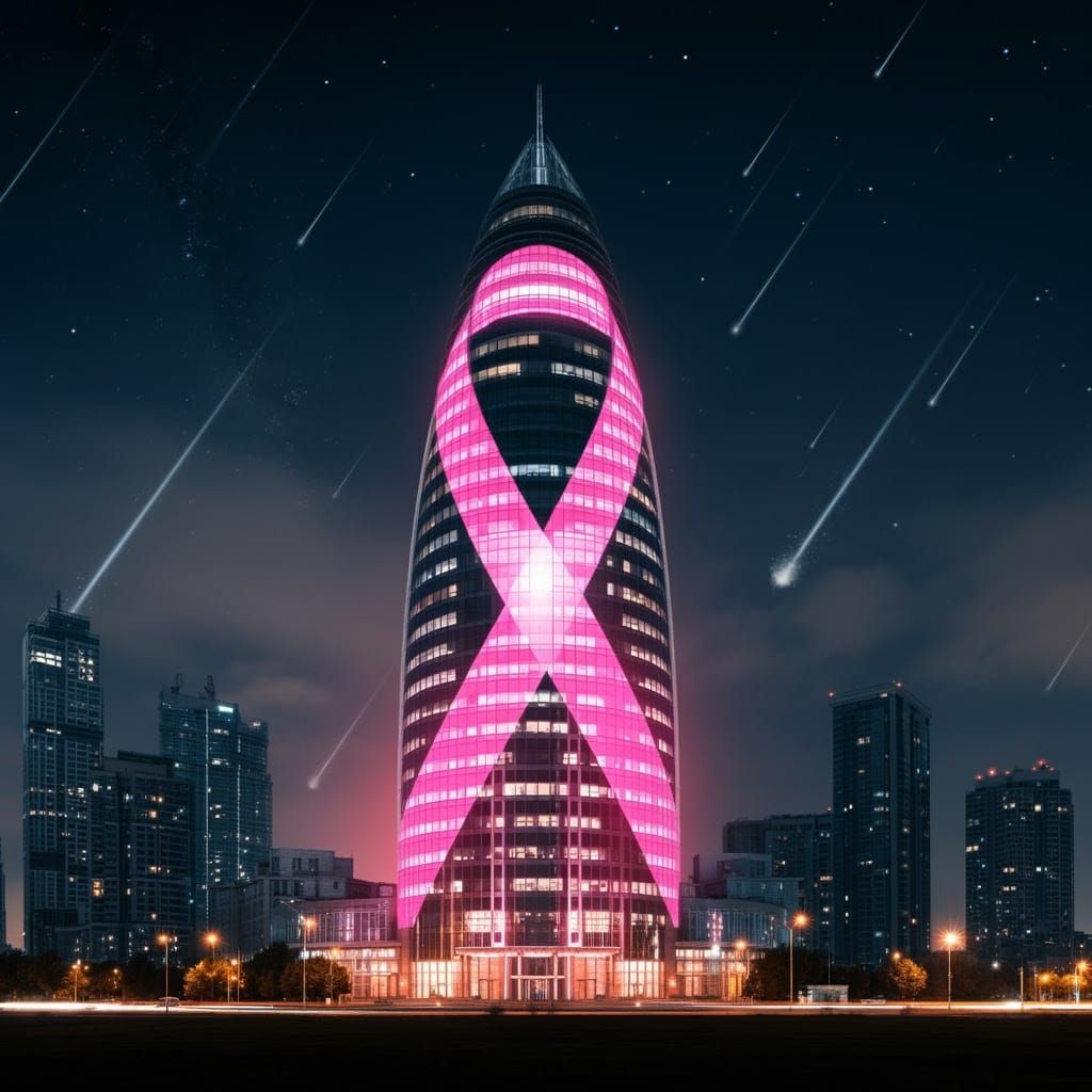 Skyscraper Ribbon Lit with Pink Light at Night