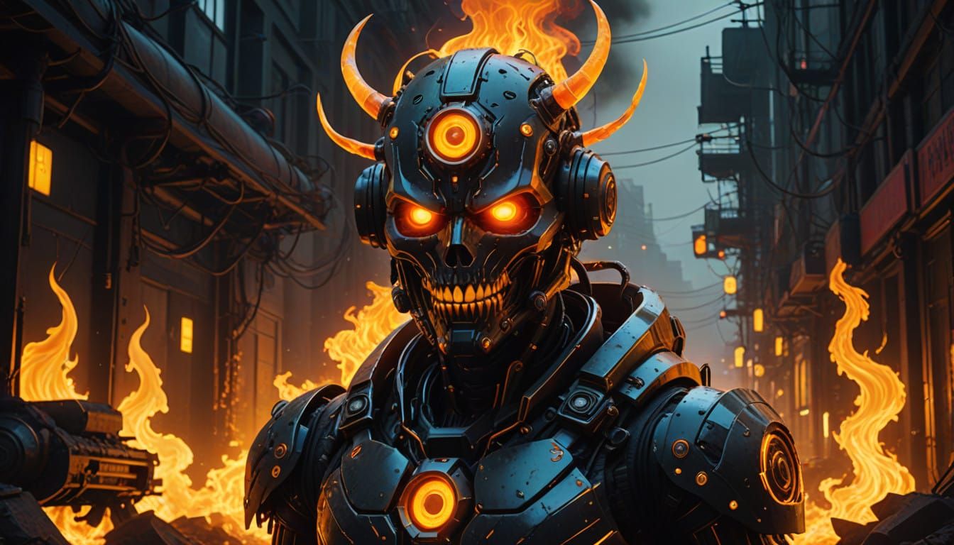 Bio-Luminescent Cyborg Demon in Psychedelic Hellscapes