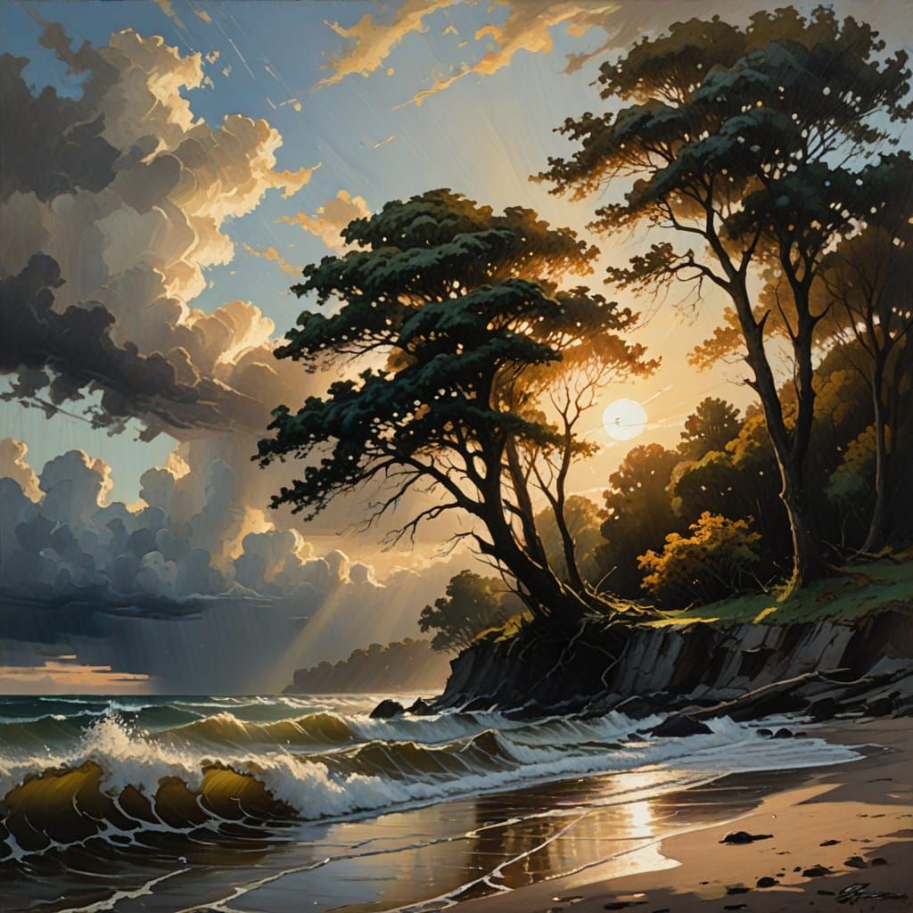 Dramatic Tree Silhouettes in Oil Painting Style