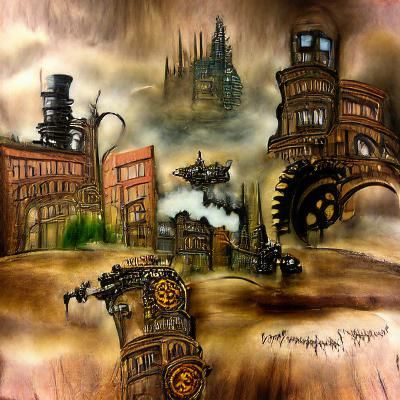 Steampunk Cityscape with Dark Mechanical Details
