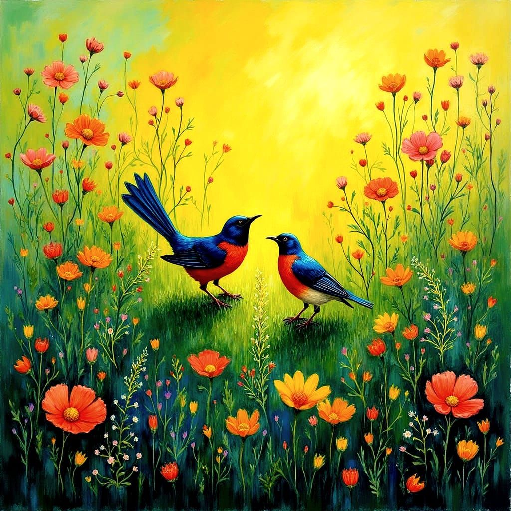 Birds on the Meadow in Post-Impressionist Style