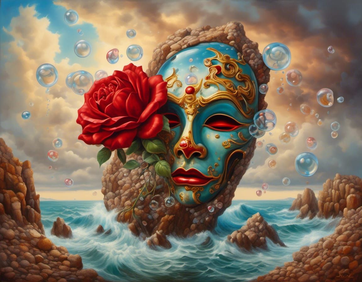Surreal Sardinian Mask and Rock in Dreamscape Painting