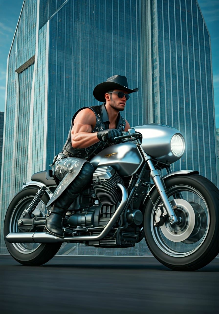 Futuristic Cowboy Rides Through Cyberpunk City