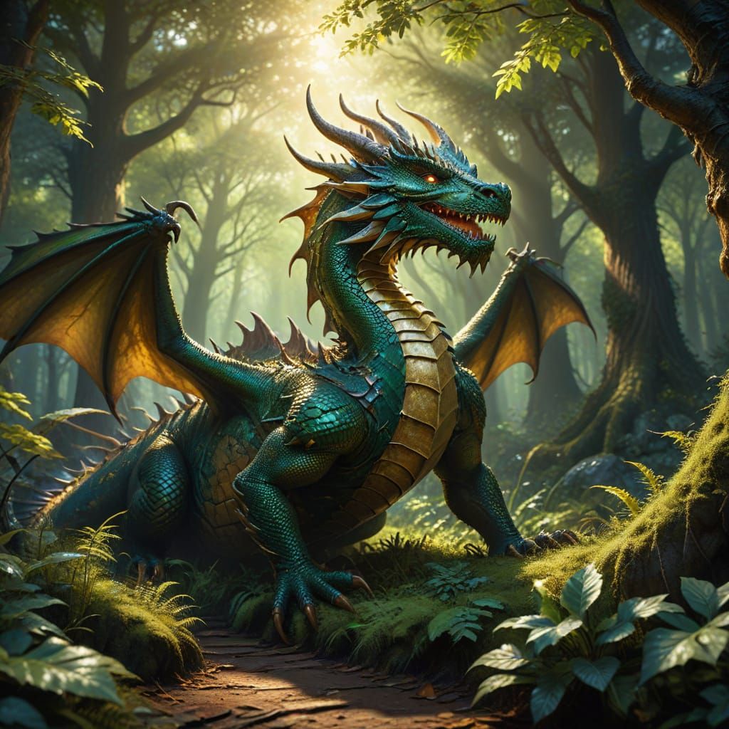 Dragon in Forest: Vibrant Oil Painting Concept Art
