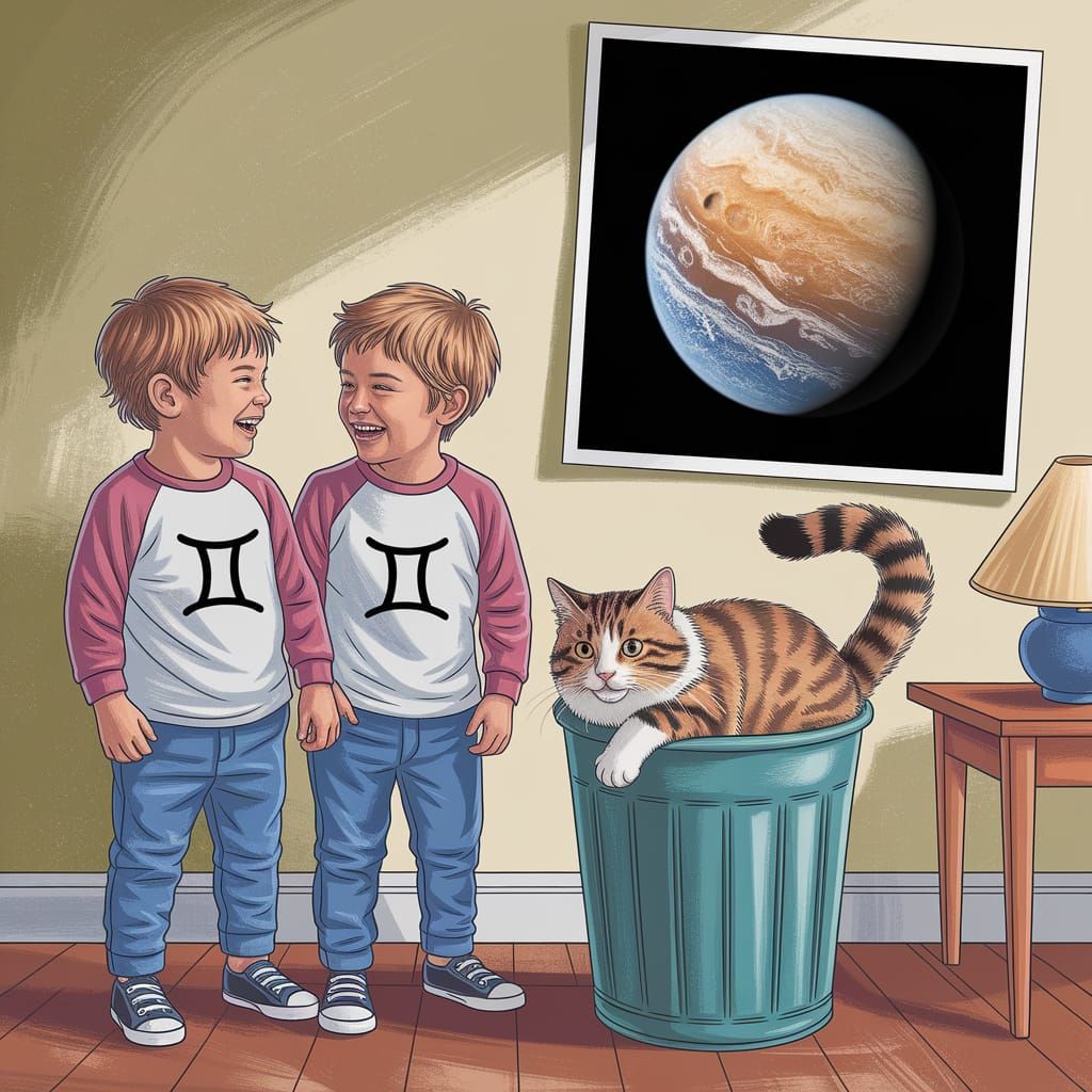 Twin Boys in Mischief with a Playful Cat in a Warmly Lit Roo...