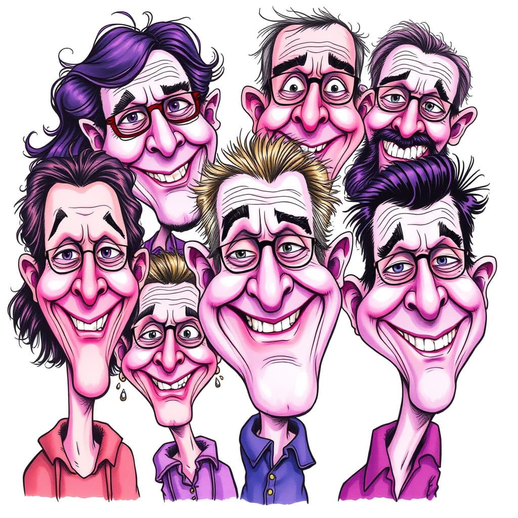 Whimsical Caricatures of People in Bold Purple Tones