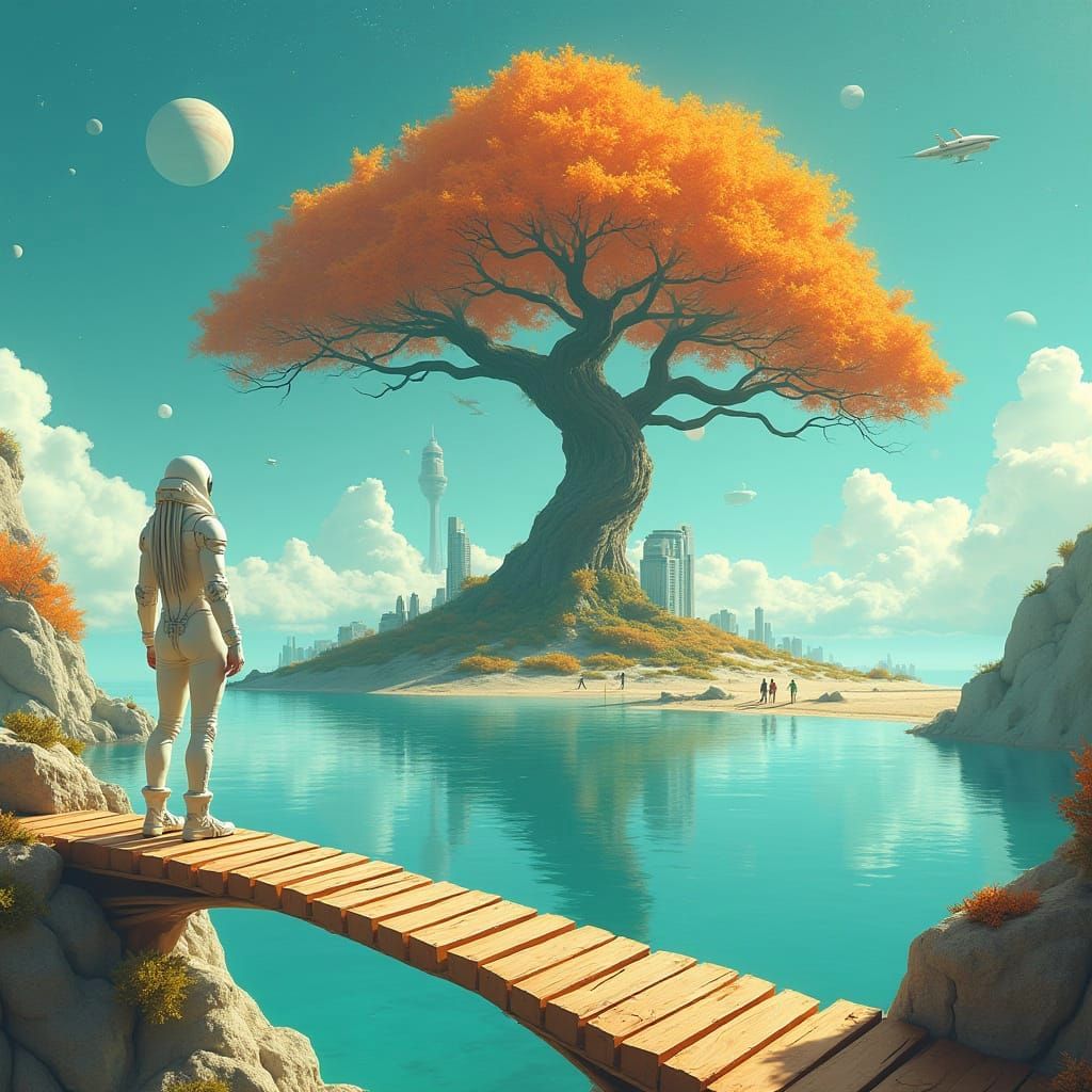 Surreal Futuristic Landscape with Tree and Spacewoman
