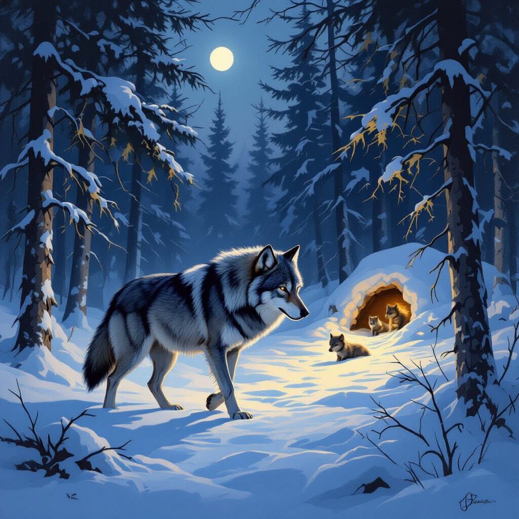 Lone Wolf Hunts in Snowy Taiga Forest at Twilight