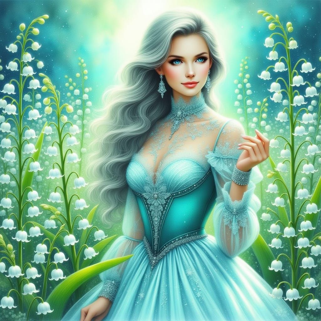 Ethereal Woman in Pale Blue Gown Amidst Lily of the Valley