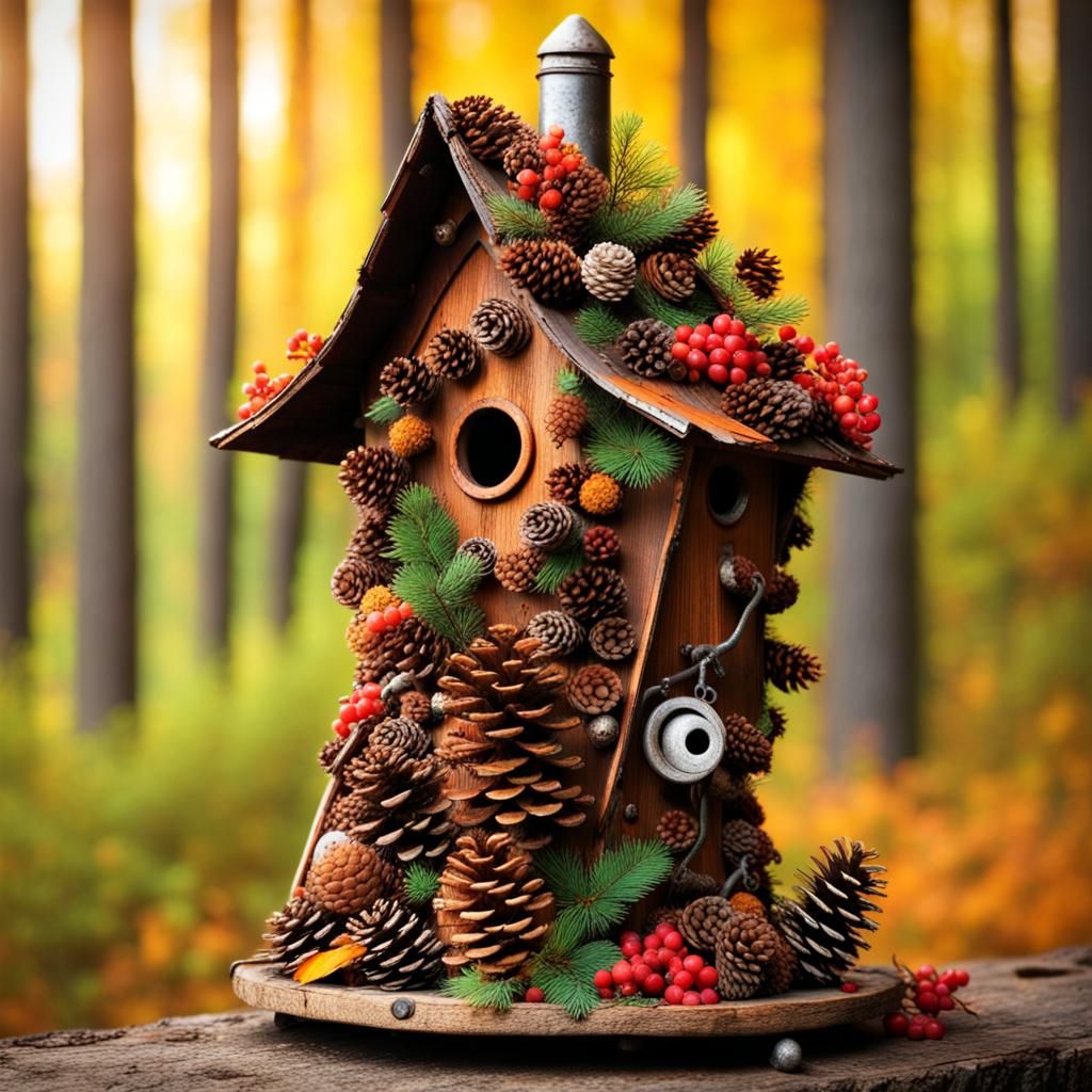 Whimsical Pine Cone Birdhouse in Steampunk Style