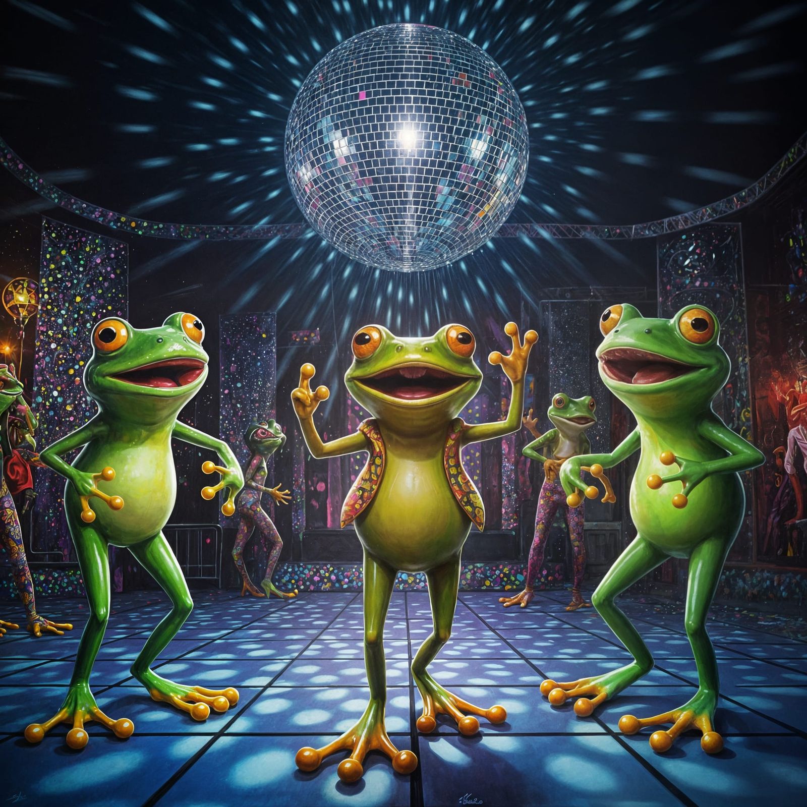 Frogs at a Disco Party in Graffiti Style