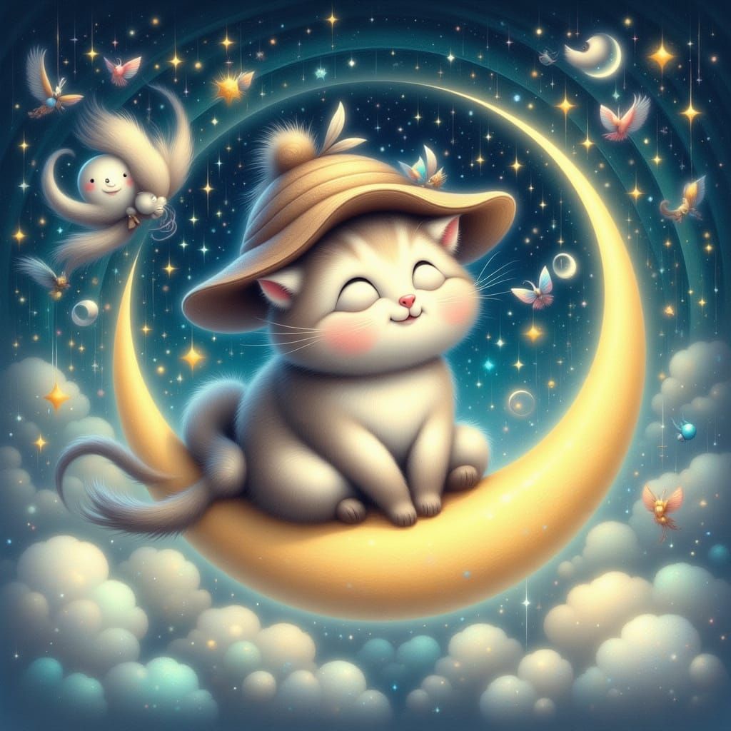 Fluffy Cat in Hat on Moon with Stars