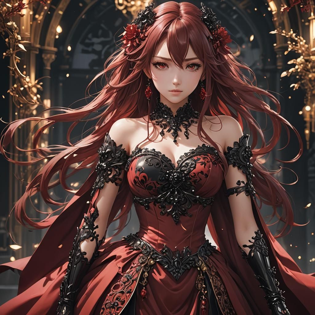 Anime Girl in Red Gown, 3D Digital Art