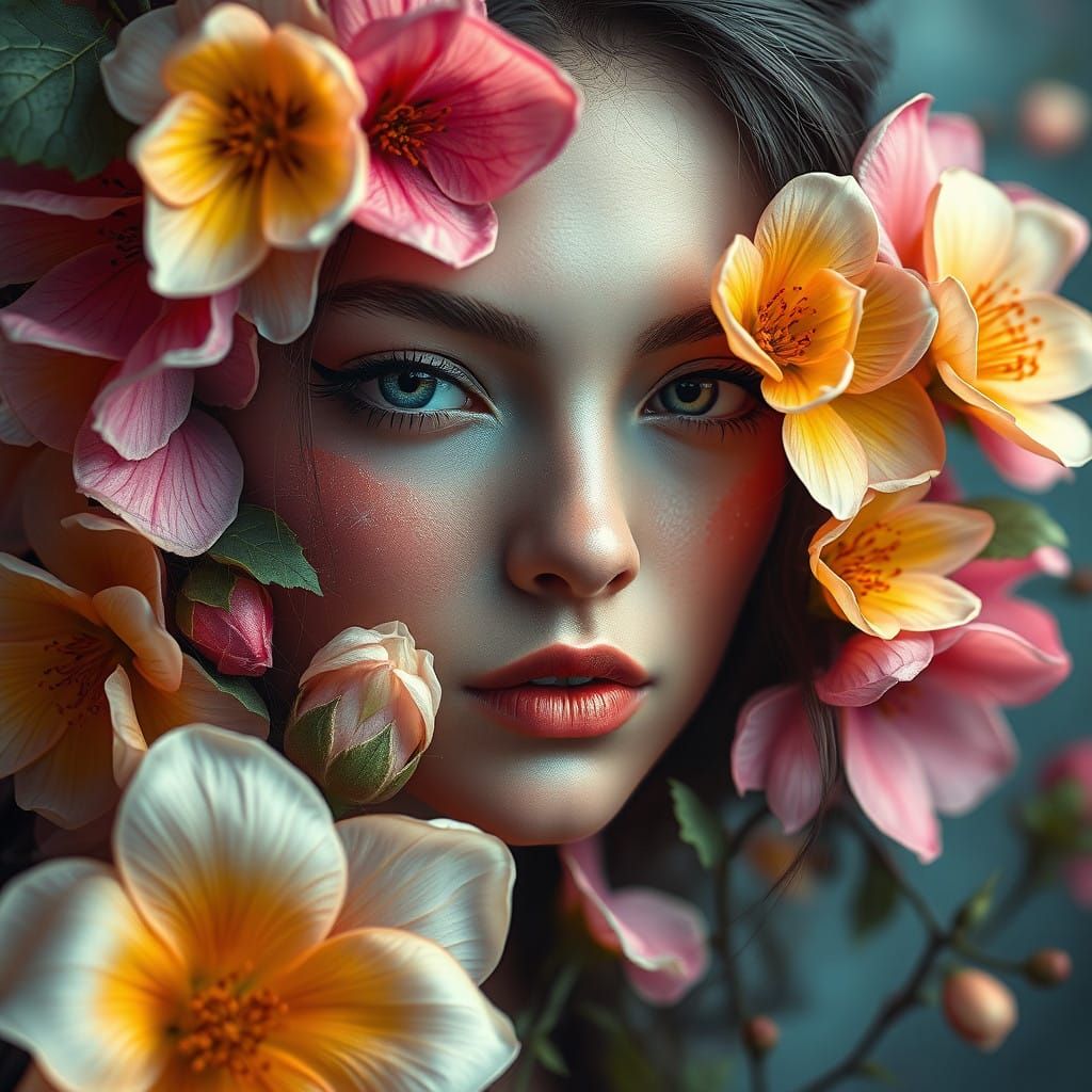 Woman's Face Merged with Blooming Flowers in Organic Eleganc...