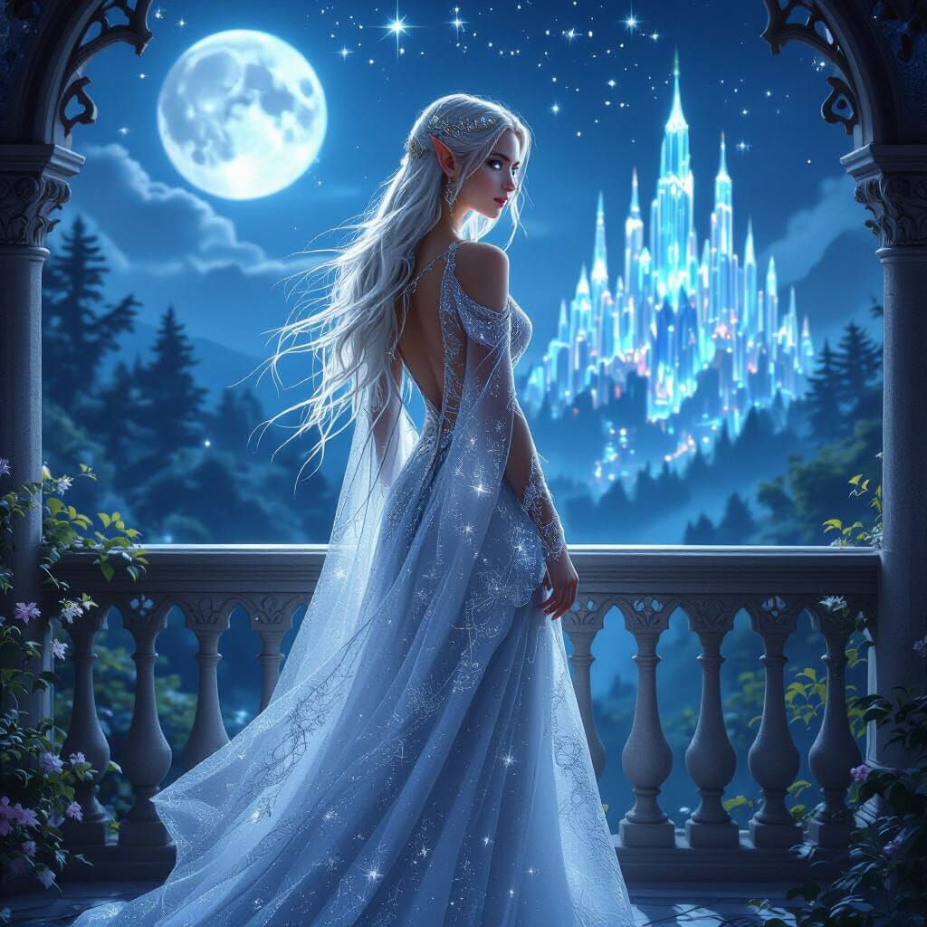 Elven Woman on Moonlit Balcony in Art Nouveau Style
