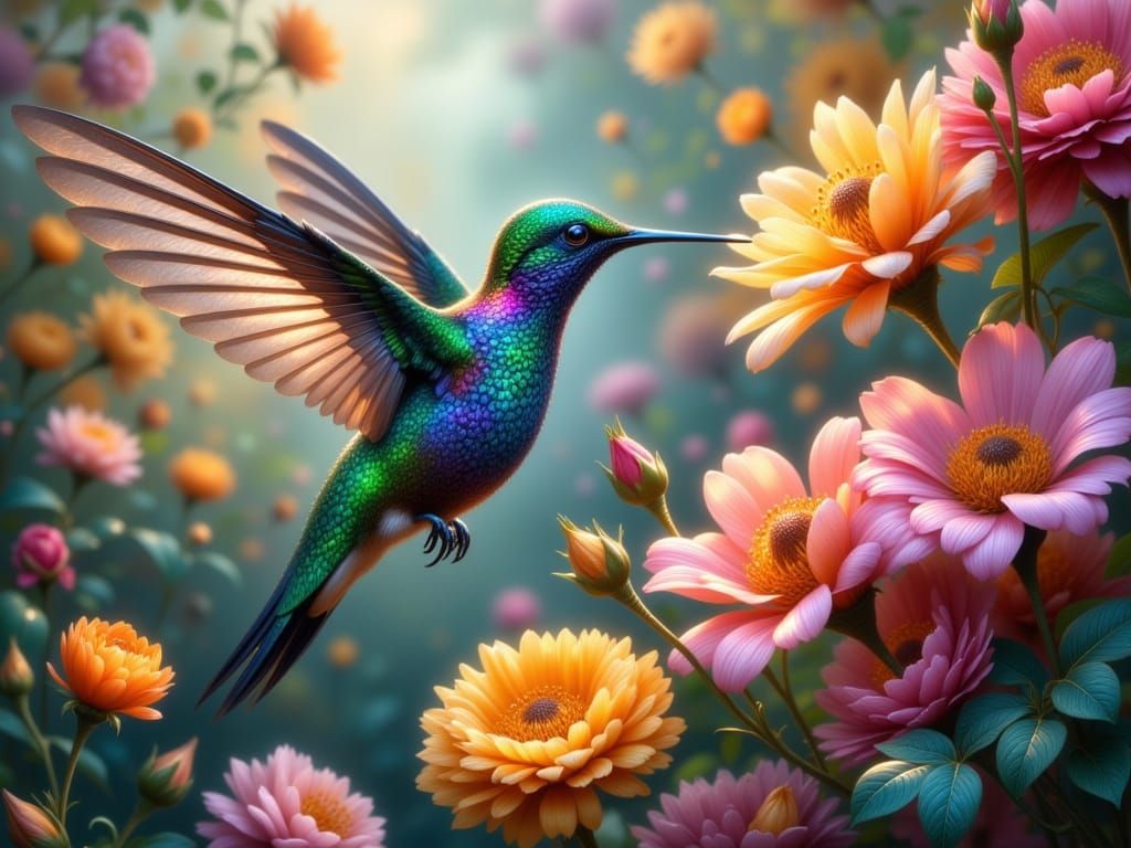 Exquisite Hummingbird in Vibrant Floral Wonderland