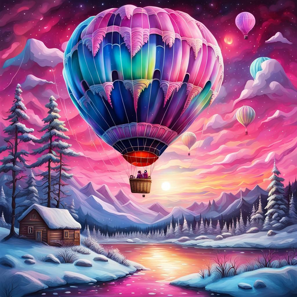 Pink Hot Air Balloon over Aurora Borealis in Graffiti Art