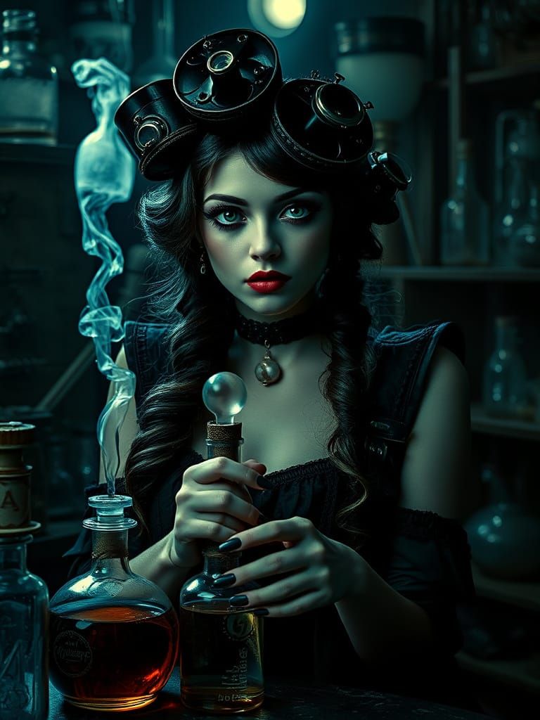 Steampunk Alchemist in Pop Surrealist Laboratory