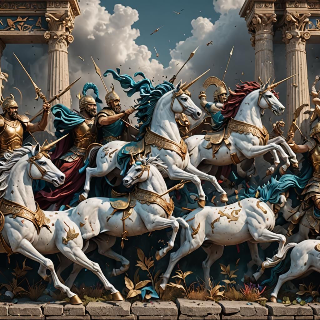 Unicorn Battle in Ancient Greek Frieze Style