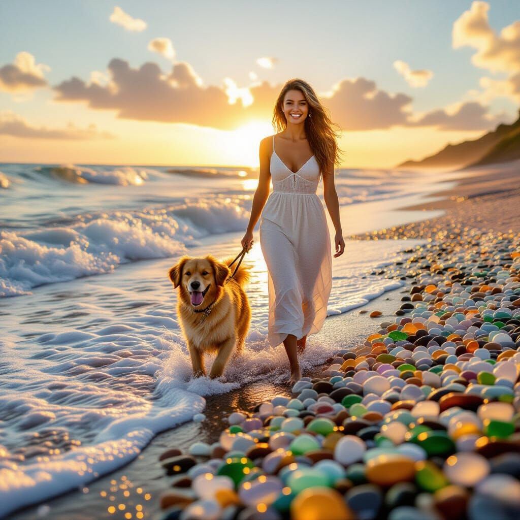 Woman and Dog on Sea Glass Beach at Golden Hour