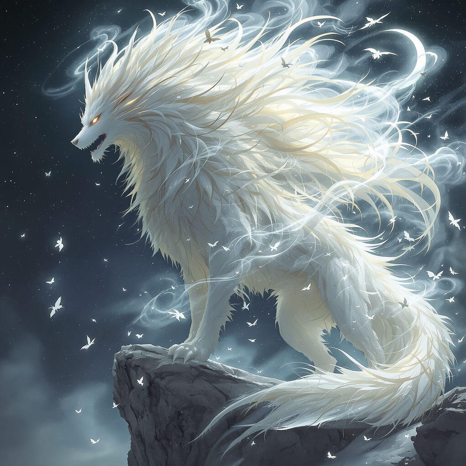 Majestic Wolf-Dragon Hybrid in Moonlight