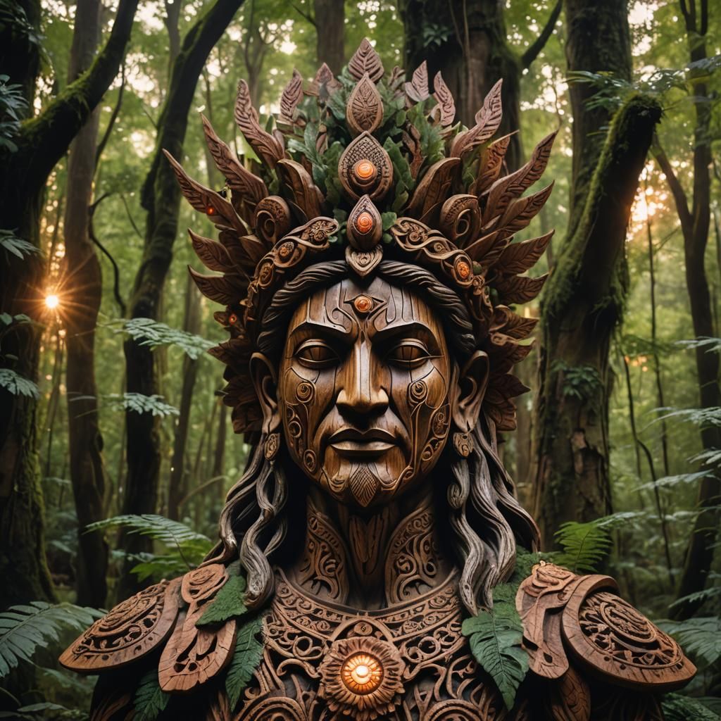 Nature God Wooden Statue in Anime Style