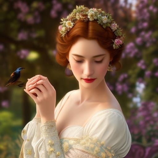 Cinderella and Birds: Art Nouveau Portrait