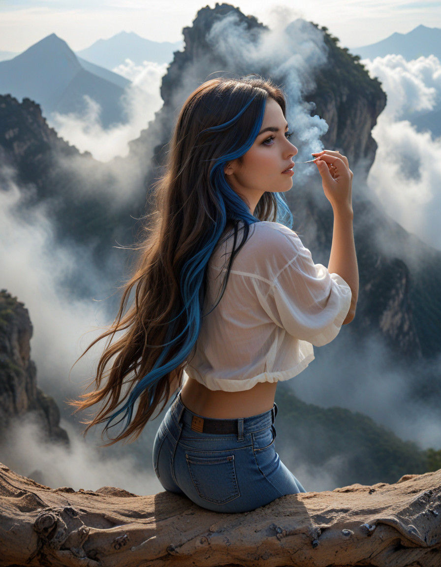 A Blue-Haired Goddess Amidst Serpents and Clouds on a Mounta...