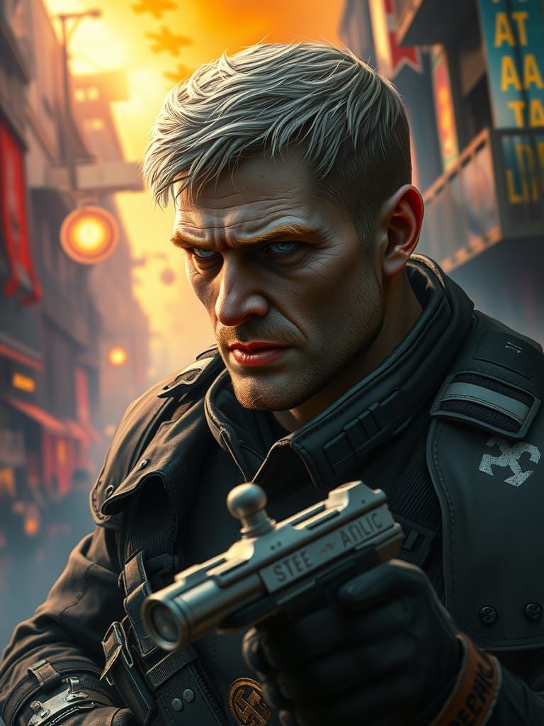 Battle-Hardened Soldier in War-Torn Cityscape