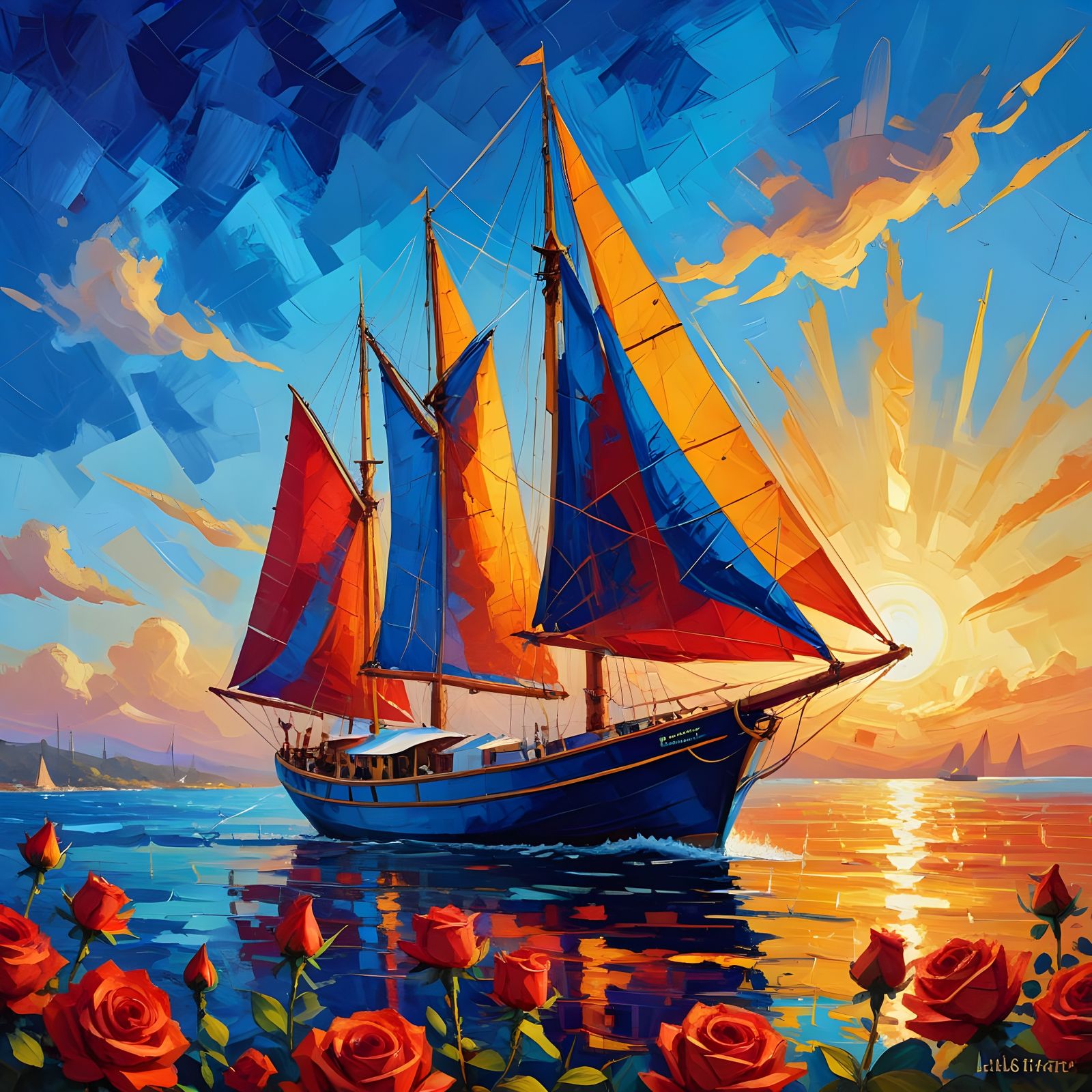 Elegant Blue Sailboat with Red Roses on Stucco
