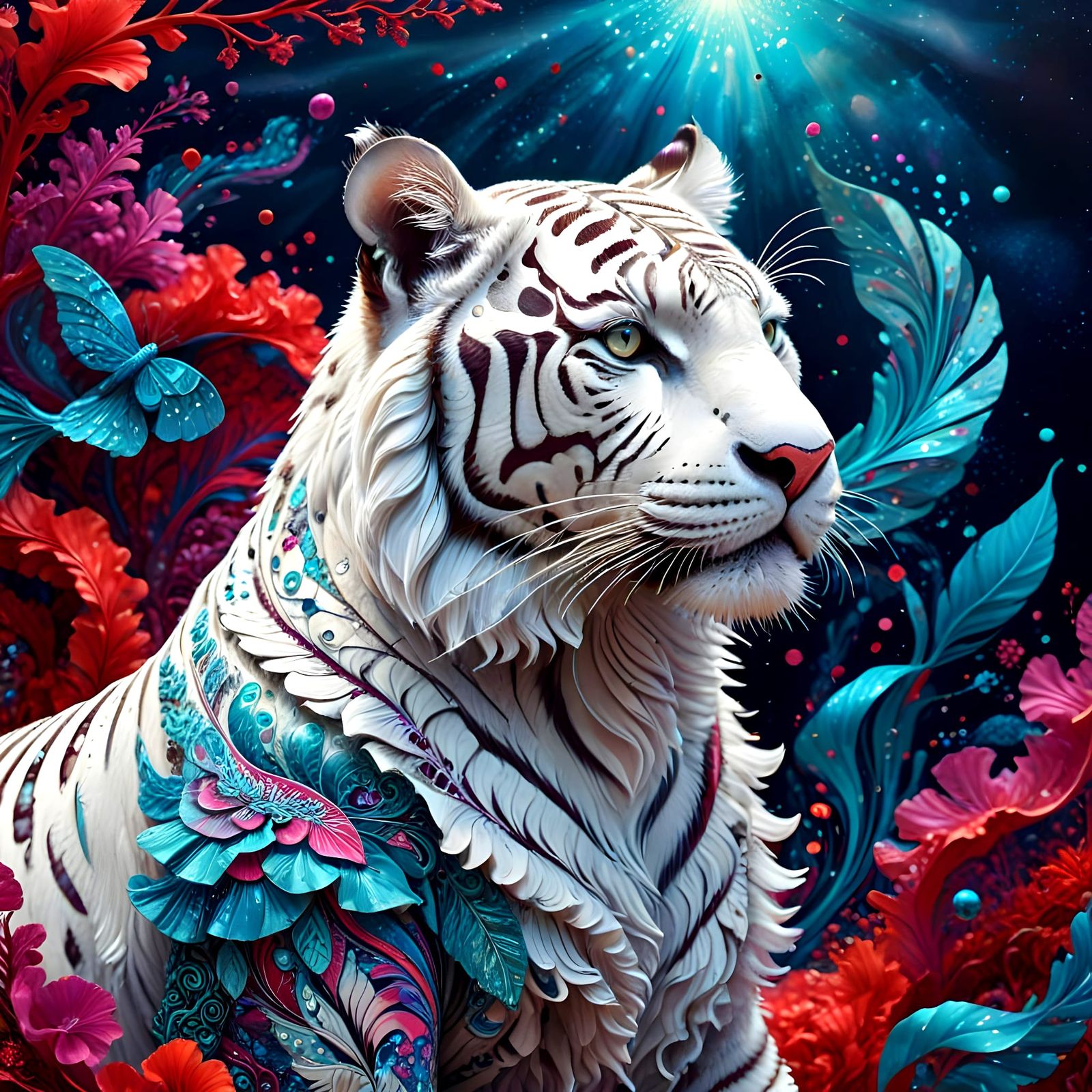 Elegant White Tiger in Cosmic Holographic Gown on Red Carpet