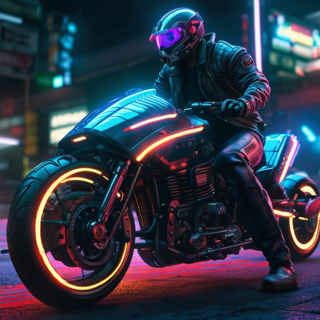 Cyberpunk Biker on Futuristic Motorcycle in Neon Glow