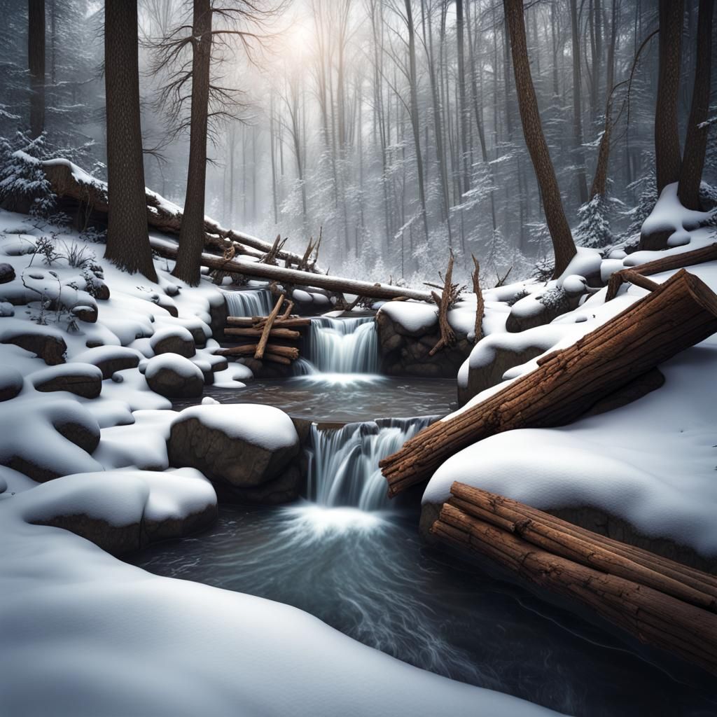 Snowy Forest Waterfall: Digital Matte Painting
